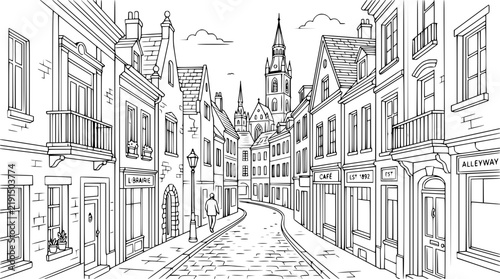 Hand-drawn sketch of a quaint European old town street with church tower and cobblestones