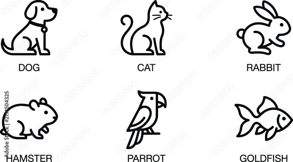 Fototapeta premium Set of cute pet icons including dog cat rabbit hamster parrot and goldfish in simple black line art style
