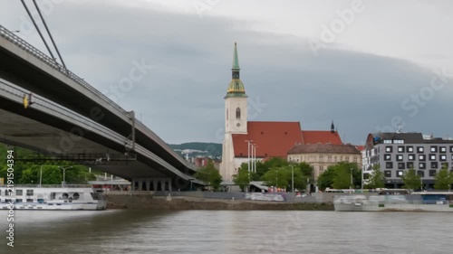 Bratislava old town and SNP bridge hyper lapse. Slovakia.