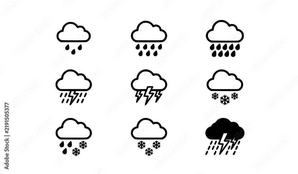 Obraz premium Modern Weather Forecast Icons for Light Rain Heavy Rain Snow and Thunderstorm