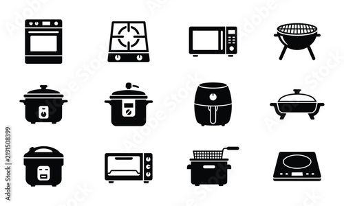 Kitchen Appliance Icons Set: Modern Cooking Equipment Vector Graphics, Home Kitchen Gadgets Collection, Digital Food Preparation Tools