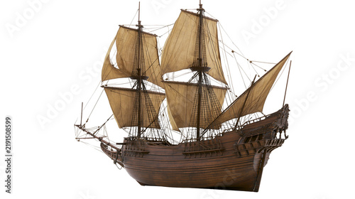 Fotografie Detailed wooden model of a historic galleon ship with fabric sails and rigging