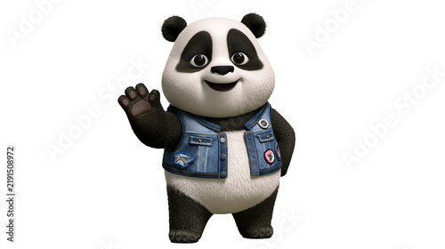 Quadro su tela Cute cartoon panda bear wearing a blue denim vest waving its paw