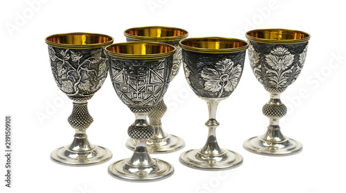 Fotografía Ornate silver goblets with gold interior and intricate floral relief engravings