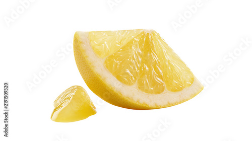 Fresh yellow lemon wedge and small piece of citrus fruit pulp