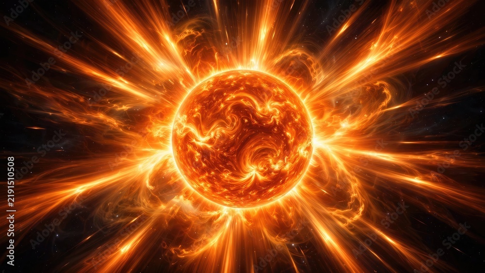 Fototapeta premium Intense burning sun glowing in outer space with powerful solar flares and cosmic rays.