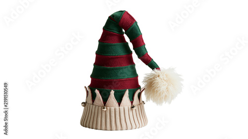 Striped red and green felt elf hat with beige cuff and white pompom