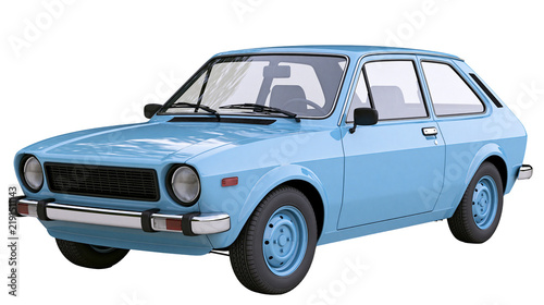Light blue vintage two-door hatchback car with chrome bumpers