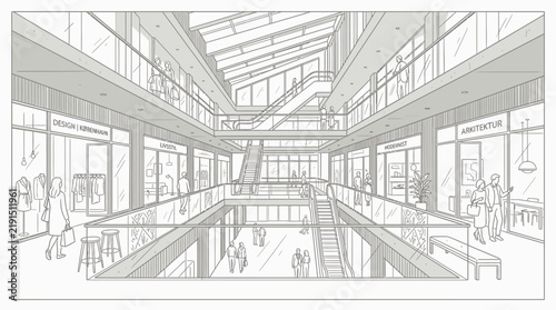 Interior perspective sketch of a modern shopping mall.