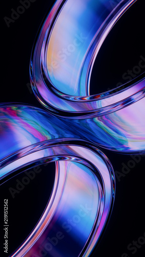 Abstract Glass Cylinders Swirl Iridescent Blue Purple Black Background 3D Render