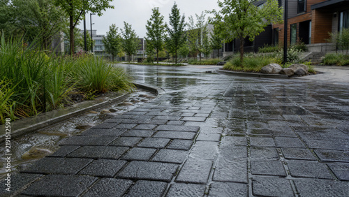 Permeable pavement bioswale in a modern urban plaza during a rainstorm with wet stone pavers