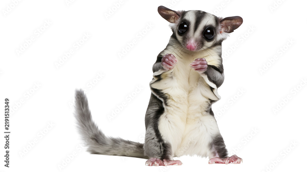 Obraz premium Small sugar glider standing upright with large dark eyes and grey fur