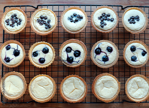 Shortcrust pastry tartlets with sour cream filling, blueberries, and chocolate, on a wire cooling rack. Top view. Assortment of individual desserts