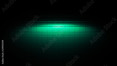 Modern Glass Cubes Pattern Cyan Emerald Light Spot background, Abstract Geometric Grid Wall, Cybernetic Glass Blocks 3D Render – Horizontal glow of bright turquoise and emerald light refracting