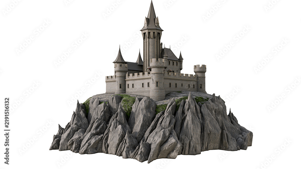 Fototapeta premium Medieval stone castle with tall spires perched on a jagged rocky mountain cliff