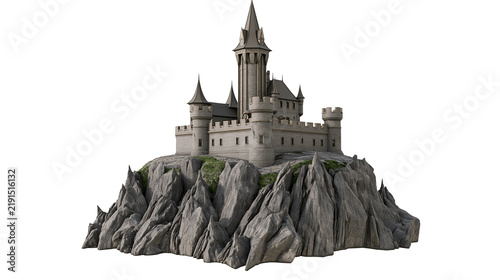Medieval stone castle with tall spires perched on a jagged rocky mountain cliff