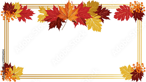 Colorful maple leaf and rowan berry rectangular frame with golden lines