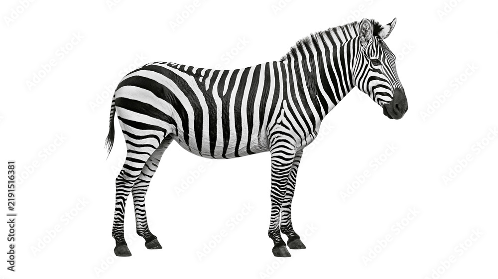 Obraz premium Full body side view of a standing zebra with distinct black and white stripes