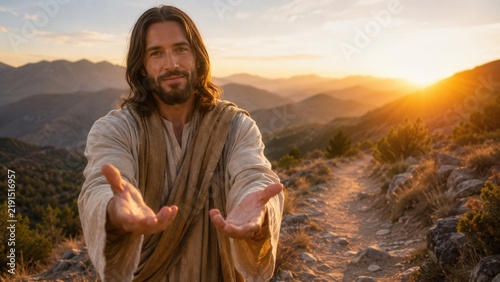Jesus Christ reaching out with open hands at mountain sunrise offering hope peace faith and loving welcome