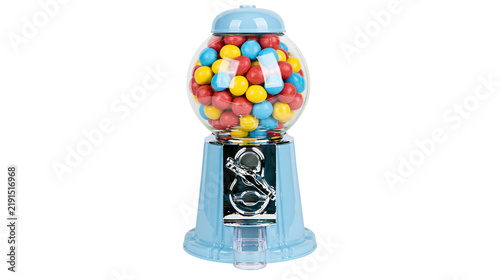 Konstfotografi Light blue vintage style gumball machine filled with colorful round candy sphere