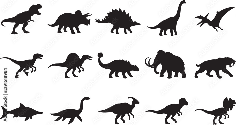 Fototapeta premium Set of black silhouettes of prehistoric dinosaurs, ancient reptiles, and extinct mammals with names labeled in a grid layout