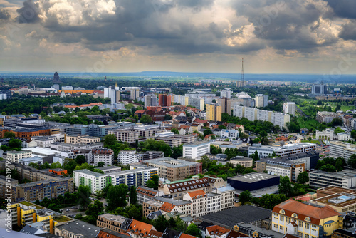 Dramatic aerial panorama over Leipzig Germany