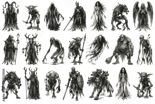 Fotografie Fantasy Creatures Collection of Grayscale Monsters and Dark Characters for Game