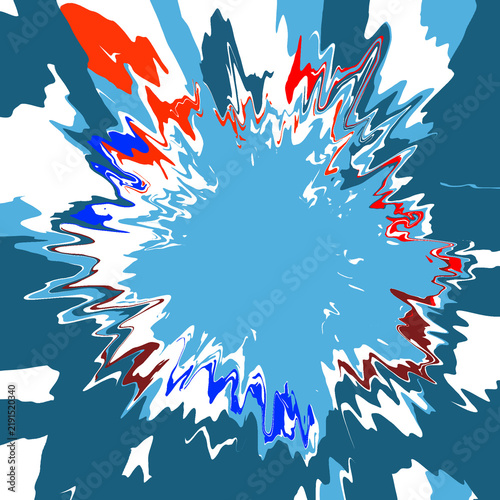 Abstract dynamic explosion background in blue white and red. Jagged splash effect with central copy space