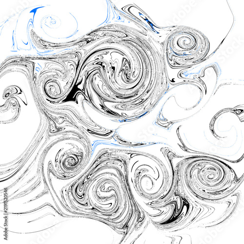 Abstract black and white swirling pattern with blue accents. Fluid marble texture background. Modern digital art design