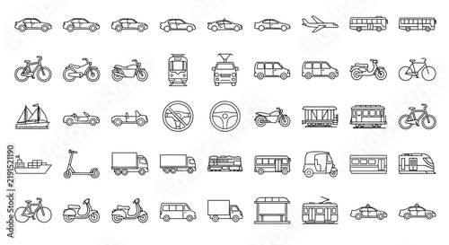 Comprehensive Set of Urban and Long Distance Transportation Vehicle Icons Outlining Various Modes of Public and Private Travel Options