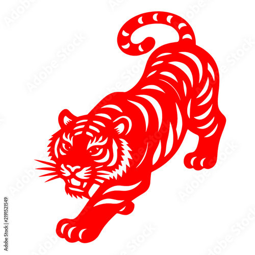 [Vector EPS]Red paper-cutting of a running tiger with distinct stripes