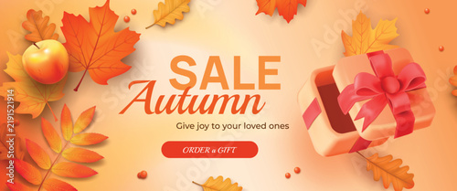 Autumn sale gift. 3d present ribbon fall dry leaves, maple leaf foliage thanksgiving offer shopping promotion banner orange background realistic poster design vector illustration