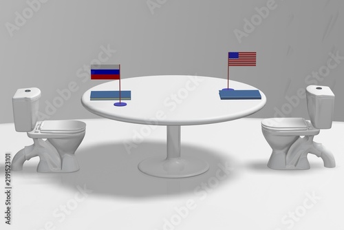 3D satire: US and Russia leaders sit on toilets at a round table, unable to agree. Absurd diplomatic deadlock concept.