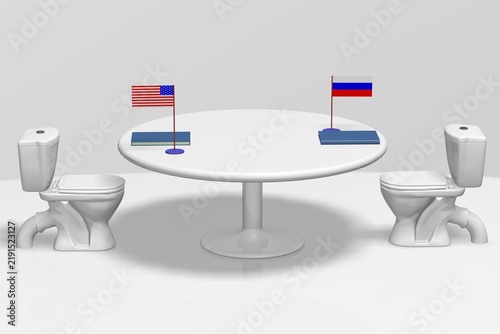 Absurd political 3D art: US and Russia sit on toilets, unable to negotiate peace. A satirical deadlock of global diplomacy.