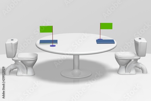 Fotografie 3D satire of two toilets at a round table with green flags