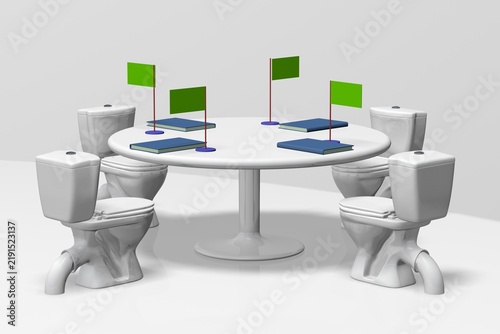 3D satire of three toilets at a round table with green flags. Absurd trilateral diplomatic deadlock or peace talks concept.