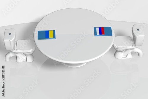 3D satire: Russia and Ukraine on toilets at a table, failing to negotiate peace. Diplomatic deadlock and conflict concept.