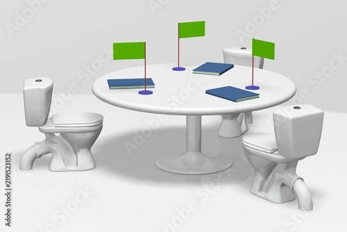 3D satire of four toilets at a round table with green flags. Absurd multilateral diplomatic deadlock or peace talks concept.