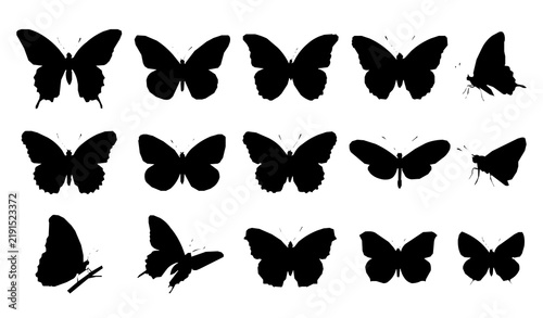 Black Butterfly Silhouette Set with Diverse Wing Shapes and Flying Insect Profiles for Nature Tattoo Logo and Vector Design