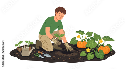 Man planting seedling in garden with pumpkins
