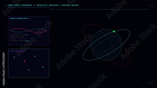 Deep space telemetry satellite tracking and orbital matrix dashboard loop animation with frequency spectrum analysis and planetary wireframe in 4K resolution.