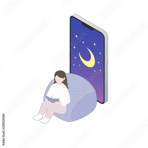 Isometric illustration of woman reading on bean bag chair beside phone