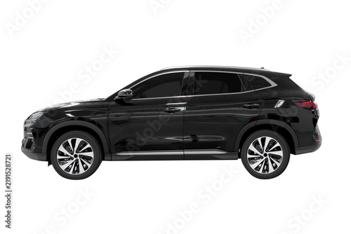 Electric SUV Car black colour side view isolated on white background.