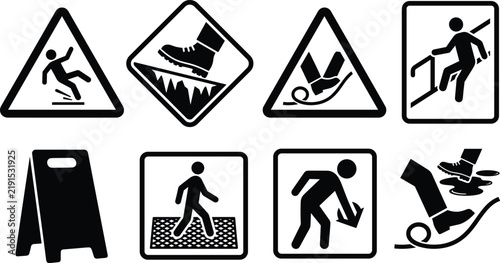 Slips trips and falls warning safety sign icons set with wet floor caution symbols for workplace hazard prevention vector