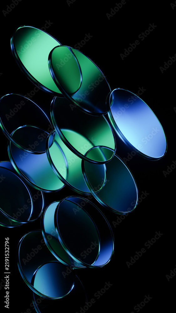 Obraz premium Glass discs cluster with luminous teal premium reflections.