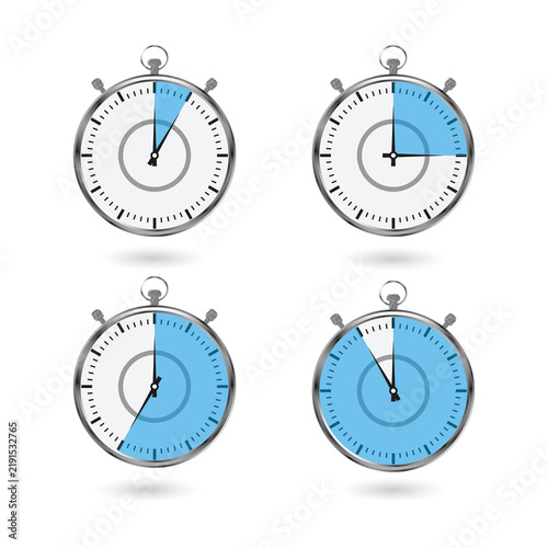 Quadro su tela Set of four blue stopwatch timers isolated on a transparent background