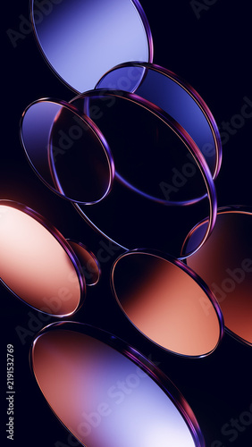 Floating glass rings with glossy blue copper reflections.