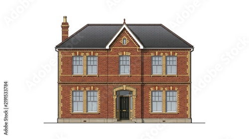 Traditional red brick detached house isolated on white background