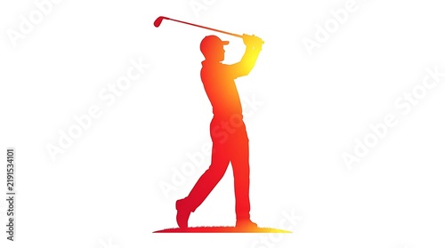 Colorful silhouette of a golfer swinging a club on a white background
