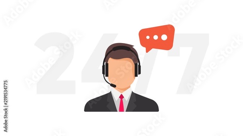 4K animation of Business customer support call center agent with a headset and speech bubble representing call center services, communication, assistance, and virtual client support.
